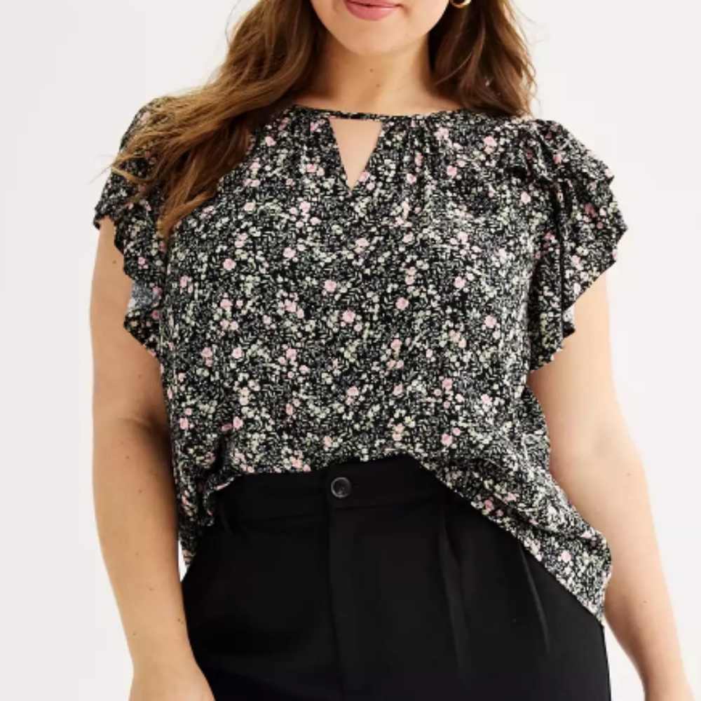 Juniors SO' Floral Flutter Sleeve Keyhole Top